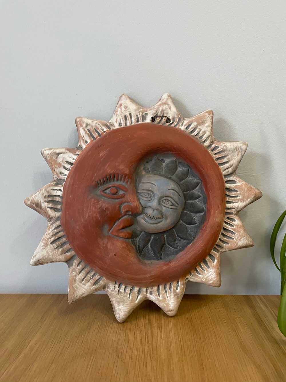 Vintage Celestial Sun and Moon Terracotta Clay Pottery Wall Hanging 90s